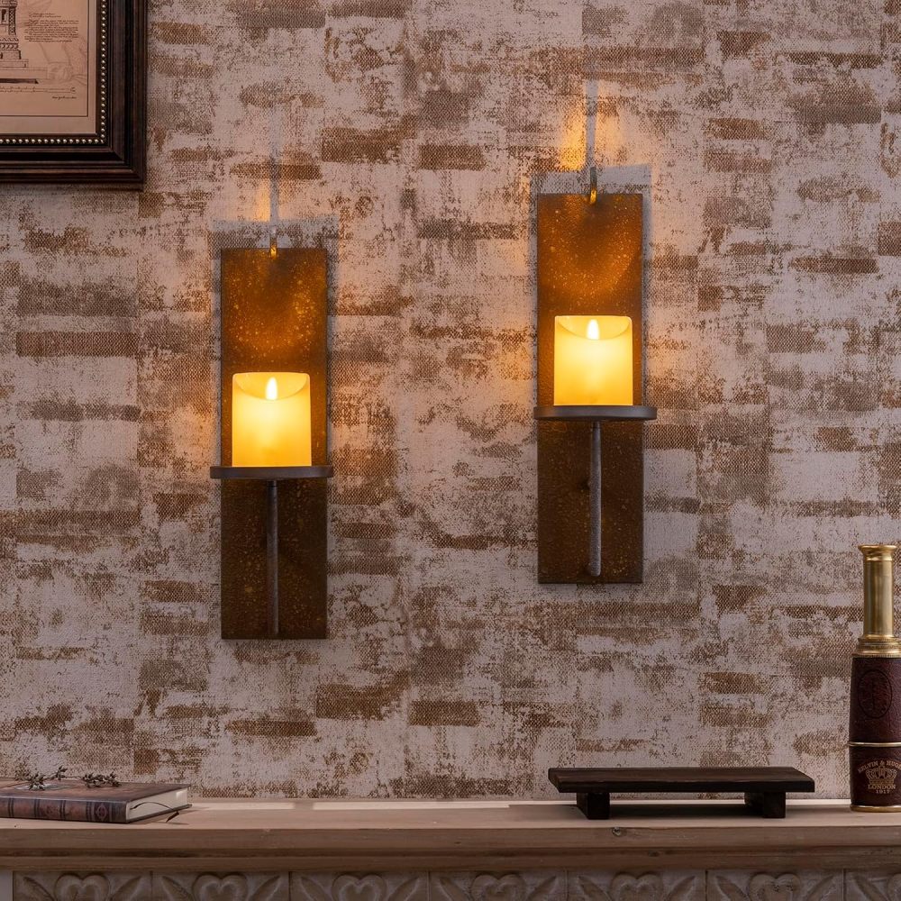 Set of 2 Vintage Wall Candle Sconce, Distressed Iron Metal, 11.7 x 5.5 inches, Rustic Farmhouse Style