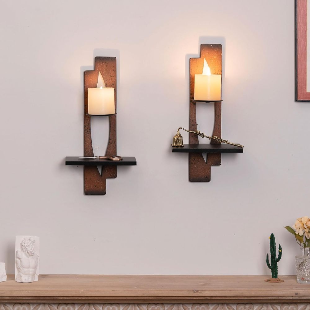 AIM & GGKK Wall Candle Sconce Holder,Set of 2 Rustic Wall Candle Sconce, Metal Double Shelf Design, Copper Brown Finish,for Living Room, Dining Room,Rustic Farmhouse Decorations
