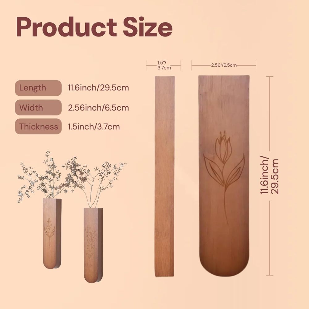 Wood Wall Vase Set of 2, 11.6 x 2.52 x 1.37 inch for Dried Flowers and Faux Greenery Plants for Bathroom,Kitchen,Farmhouse,Dining Room Wall Decor
