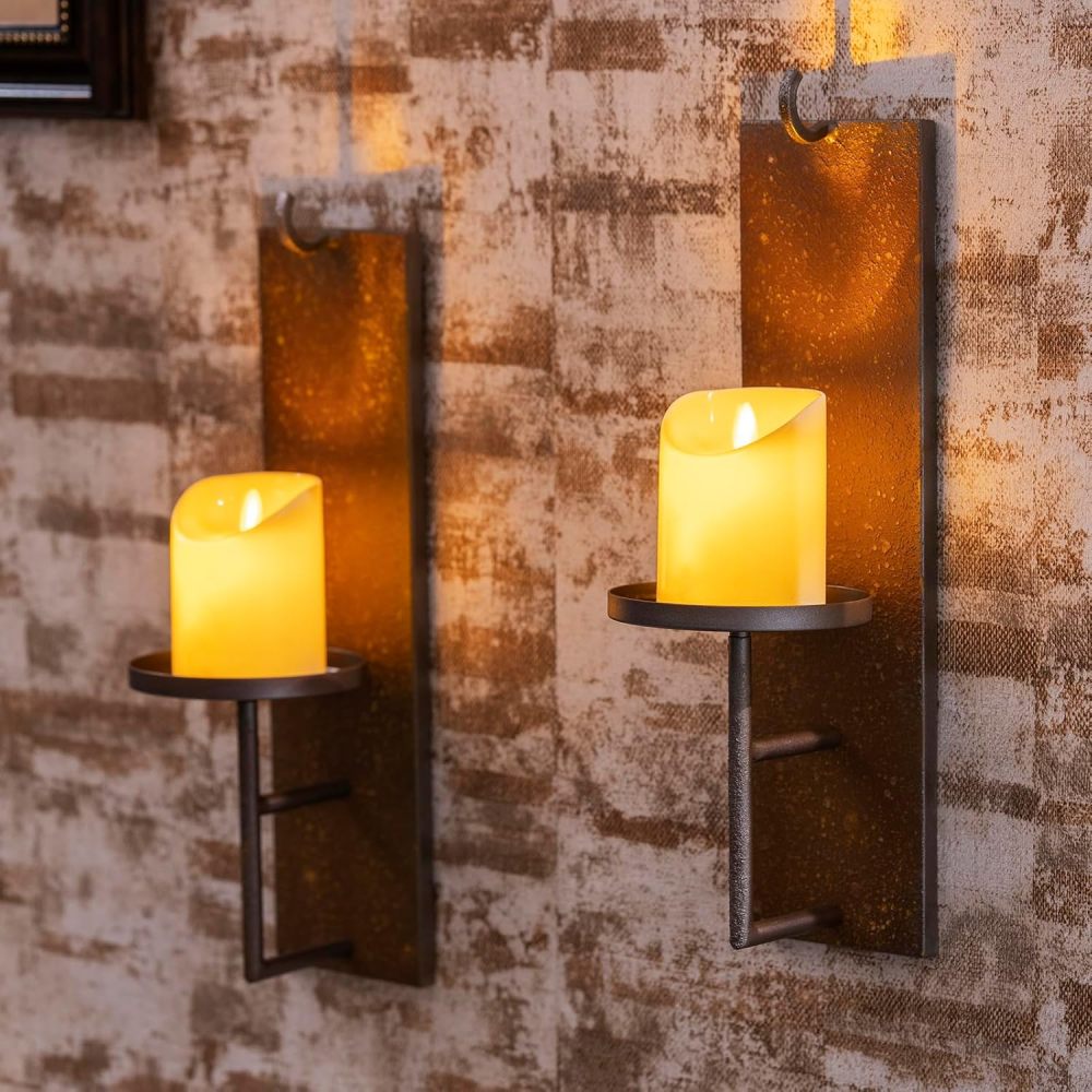 Set of 2 Vintage Wall Candle Sconce, Distressed Iron Metal, 11.7 x 5.5 inches, Rustic Farmhouse Style