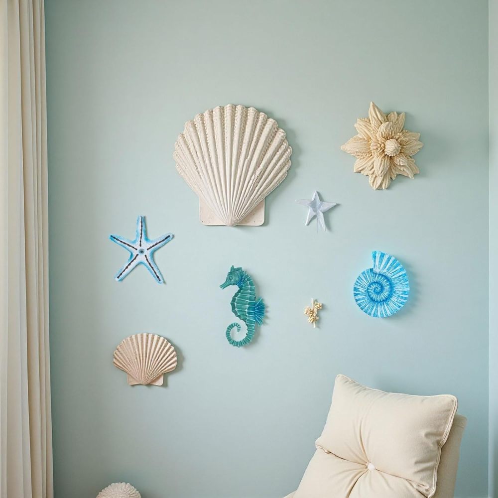 AIM & GGKK 3D Art Ocean Beach Wall Decor Coastal Decorations Sets with Starfish, Seahorse,Conch for Bedroom Bathroom Livingroom Beach House