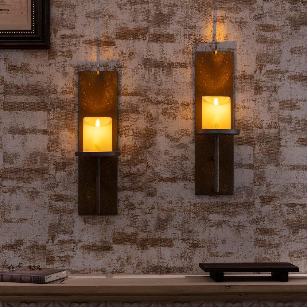 Set of 2 Vintage Wall Candle Sconce, Distressed Iron Metal, 11.7 x 5.5 inches, Rustic Farmhouse Style
