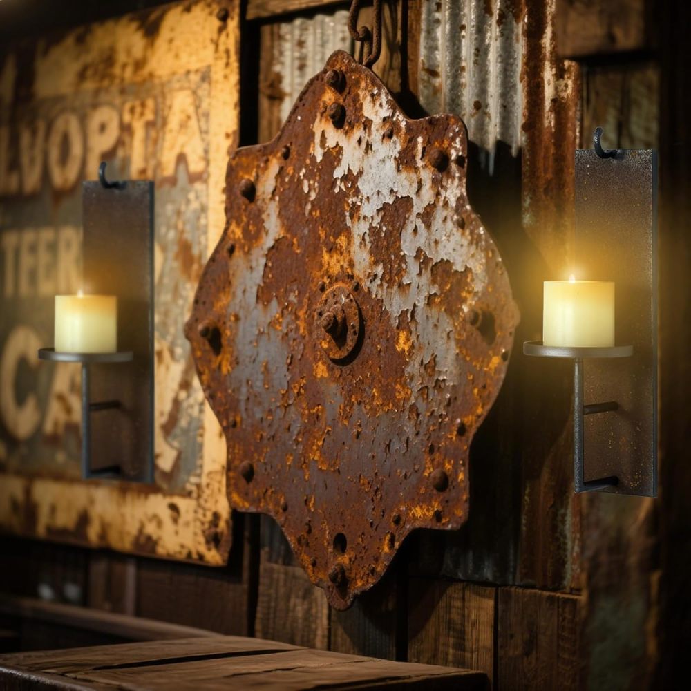 Set of 2 Vintage Wall Candle Sconce, Distressed Iron Metal, 11.7 x 5.5 inches, Rustic Farmhouse Style