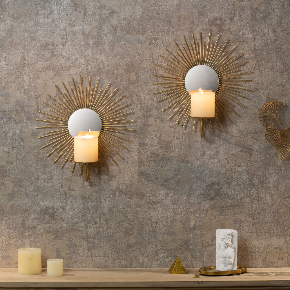 Sunburst Wall Candle Holder Sconce with Mirror, Set of 2