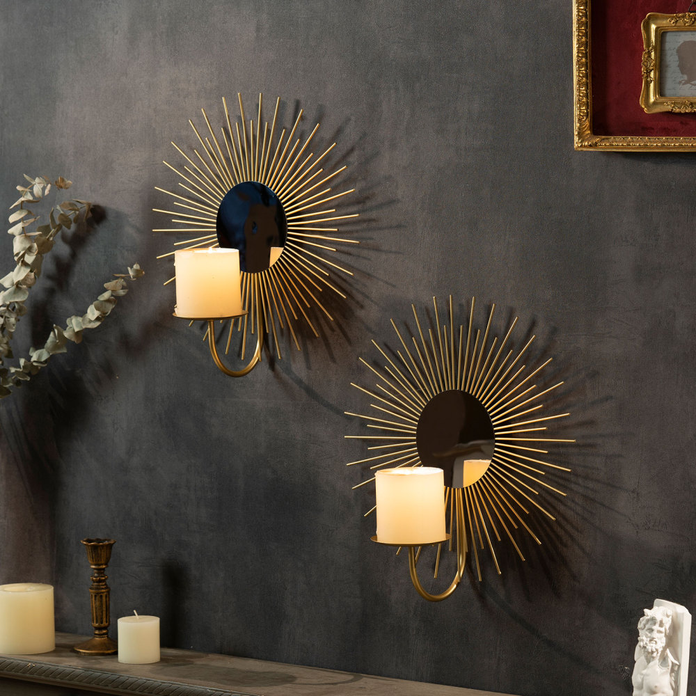 Sunburst Wall Candle Holder Sconce with Mirror, Set of 2