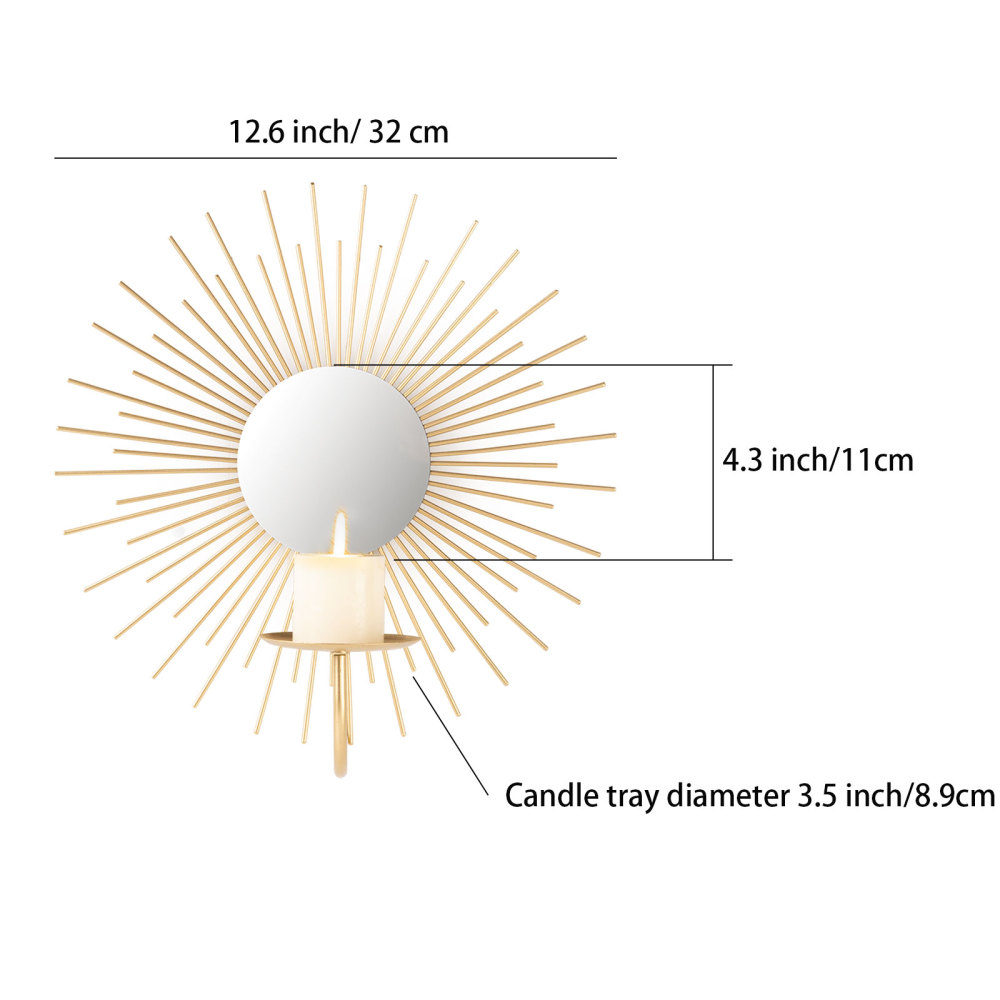 Sunburst Wall Candle Holder Sconce with Mirror, Set of 2