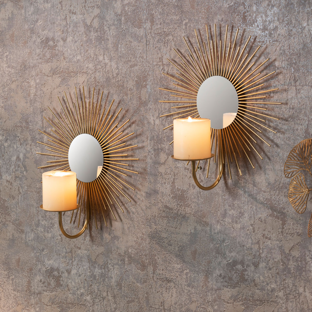 Sunburst Wall Candle Holder Sconce with Mirror, Set of 2