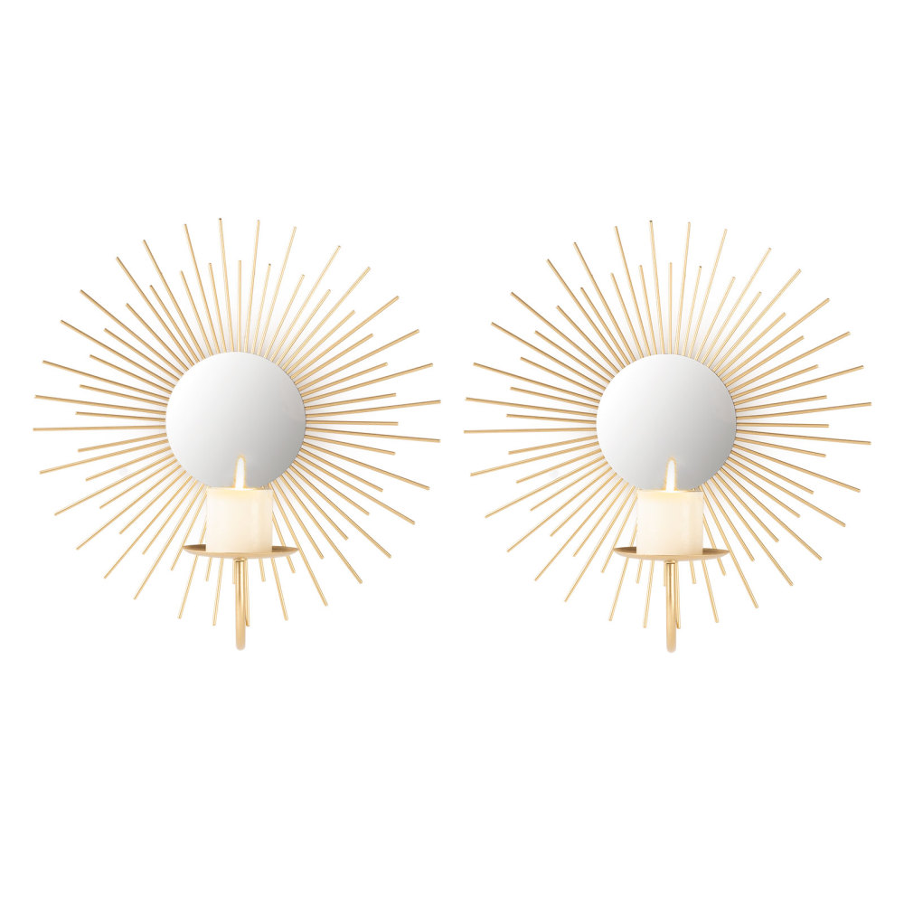 Sunburst Wall Candle Holder Sconce with Mirror, Set of 2