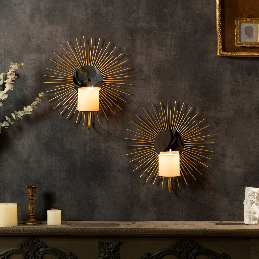 Sunburst Wall Candle Holder Sconce with Mirror, Set of 2