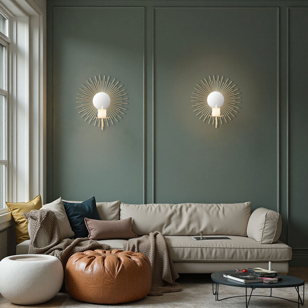Sunburst Wall Candle Holder Sconce with Mirror, Set of 2