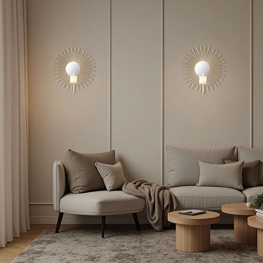 Sunburst Wall Candle Holder Sconce with Mirror, Set of 2