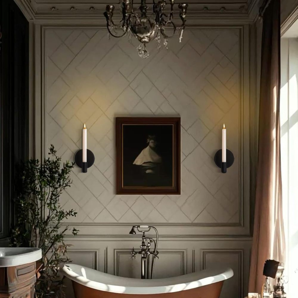 Matte Black Wall Sconce Candle Holders Set of 2 for Taper Candles, Minimalist Metal Wall Mounted Candlestick - 0.82 Inch Cup Diameter