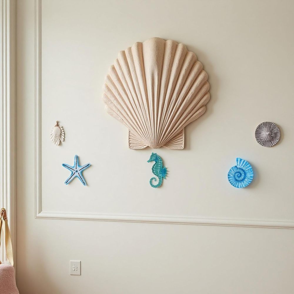 AIM & GGKK 3D Art Ocean Beach Wall Decor Coastal Decorations Sets with Starfish, Seahorse,Conch for Bedroom Bathroom Livingroom Beach House