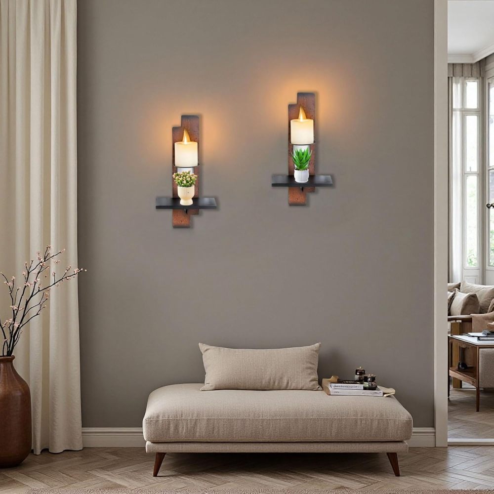 AIM & GGKK Wall Candle Sconce Holder,Set of 2 Rustic Wall Candle Sconce, Metal Double Shelf Design, Copper Brown Finish,for Living Room, Dining Room,Rustic Farmhouse Decorations