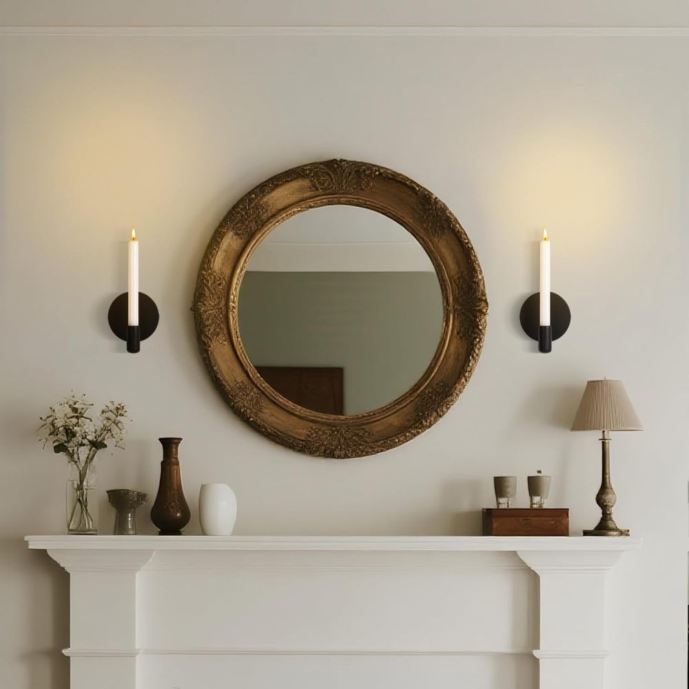 Matte Black Wall Sconce Candle Holders Set of 2 for Taper Candles, Minimalist Metal Wall Mounted Candlestick - 0.82 Inch Cup Diameter