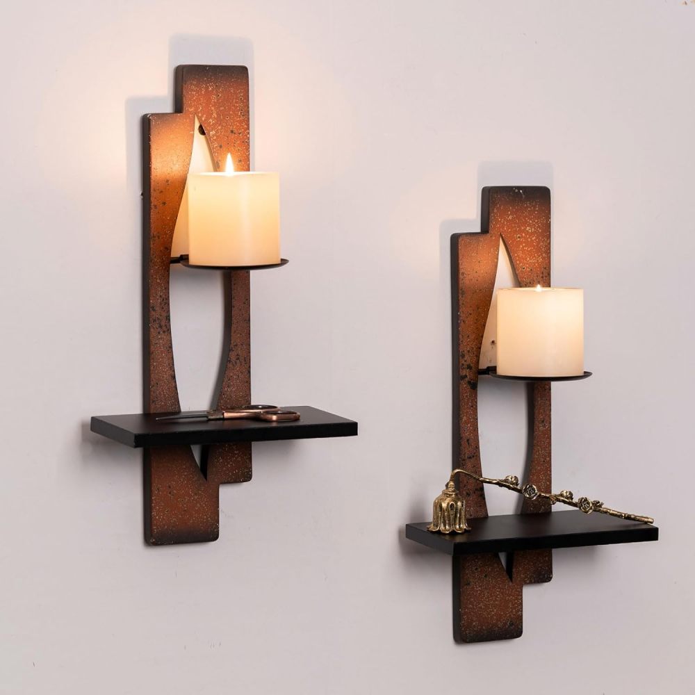 AIM & GGKK Wall Candle Sconce Holder,Set of 2 Rustic Wall Candle Sconce, Metal Double Shelf Design, Copper Brown Finish,for Living Room, Dining Room,Rustic Farmhouse Decorations