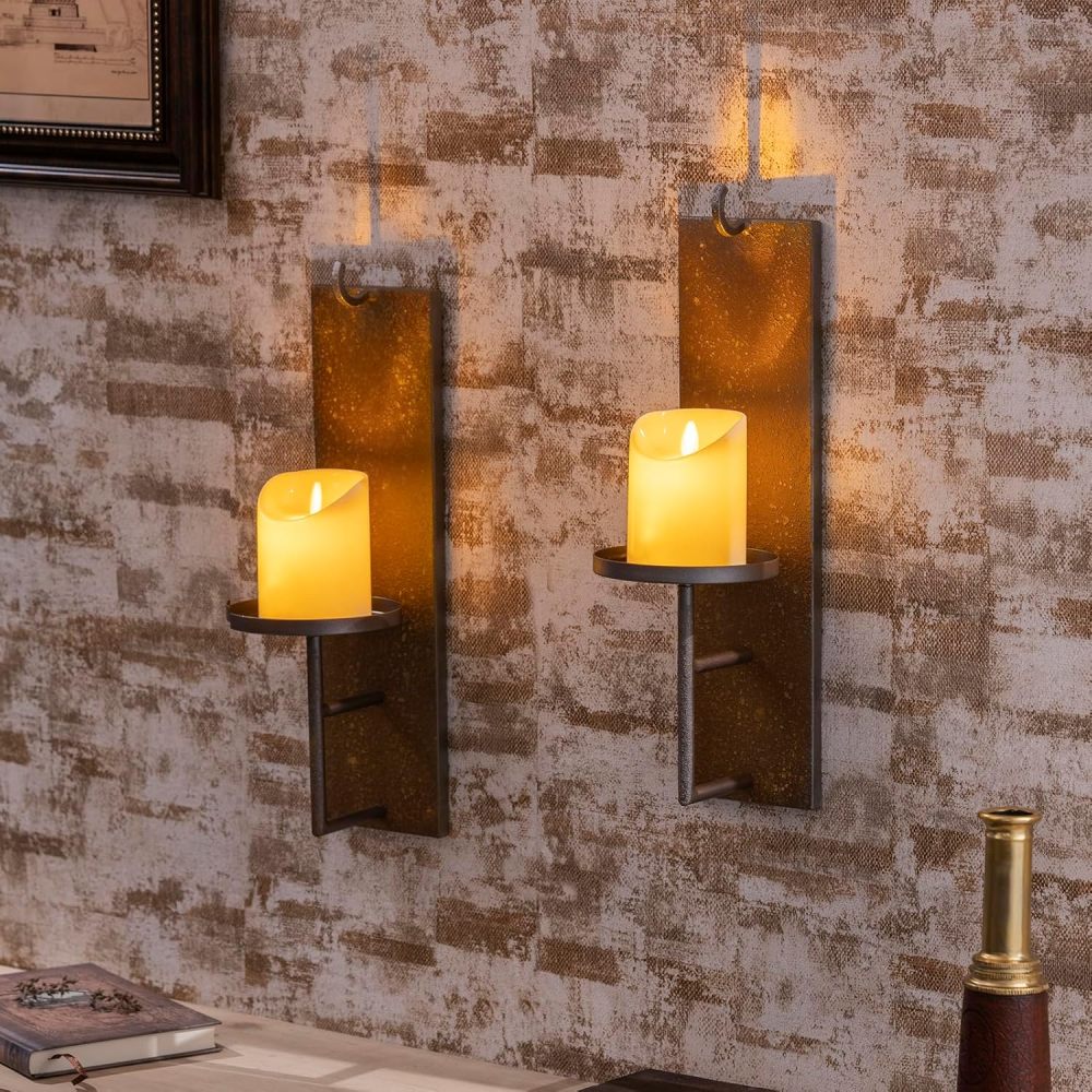 Set of 2 Vintage Wall Candle Sconce, Distressed Iron Metal, 11.7 x 5.5 inches, Rustic Farmhouse Style