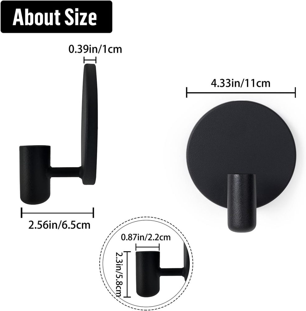 Matte Black Wall Sconce Candle Holders Set of 2 for Taper Candles, Minimalist Metal Wall Mounted Candlestick - 0.82 Inch Cup Diameter