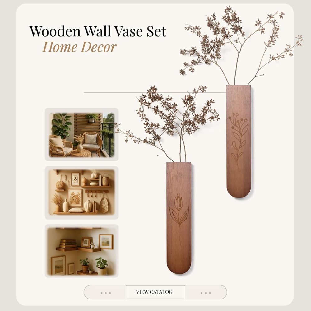 Wood Wall Vase Set of 2, 11.6 x 2.52 x 1.37 inch for Dried Flowers and Faux Greenery Plants for Bathroom,Kitchen,Farmhouse,Dining Room Wall Decor