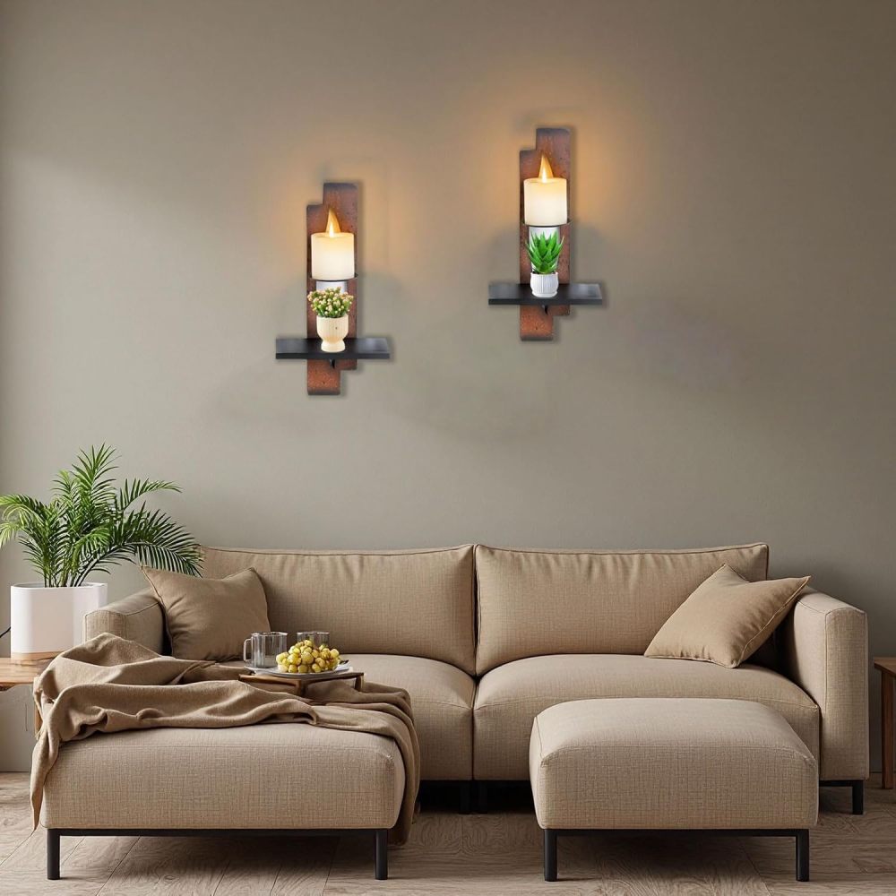 AIM & GGKK Wall Candle Sconce Holder,Set of 2 Rustic Wall Candle Sconce, Metal Double Shelf Design, Copper Brown Finish,for Living Room, Dining Room,Rustic Farmhouse Decorations
