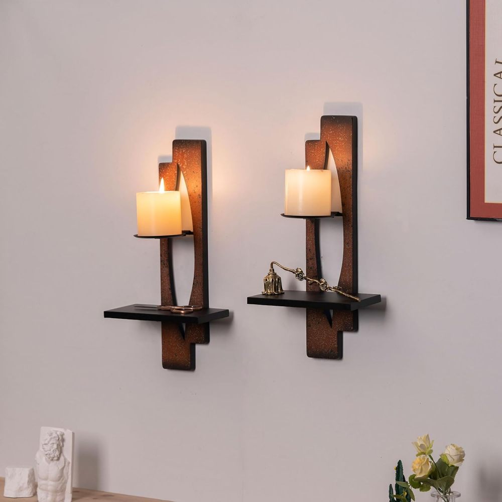 AIM & GGKK Wall Candle Sconce Holder,Set of 2 Rustic Wall Candle Sconce, Metal Double Shelf Design, Copper Brown Finish,for Living Room, Dining Room,Rustic Farmhouse Decorations