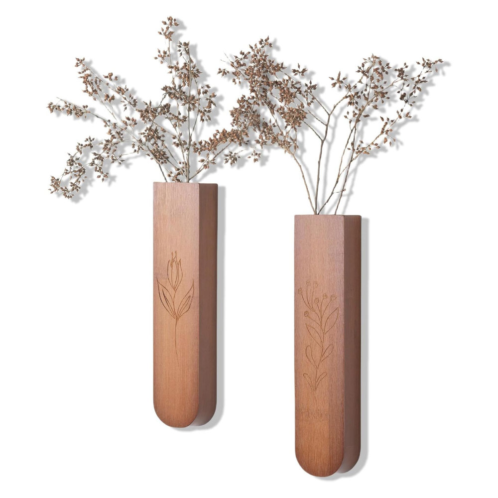 Wood Wall Vase Set with Floral Engravings