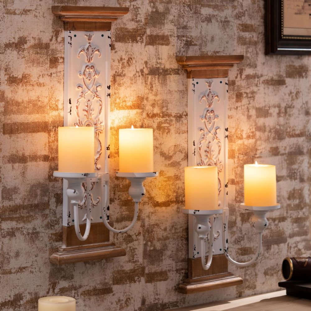 Vintage Wall Candle Holder Sconce, Rustic Double Pillar Design,Set of 2