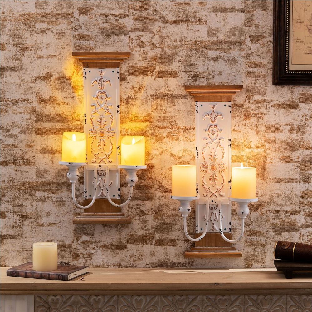 Vintage Wall Candle Holder Sconce, Rustic Double Pillar Design,Set of 2