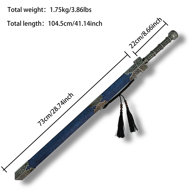 High Manganese Steel Hand Forged Han Sword Film Knife Cold Weapon Blue Scabbard Silvery Blade Print Pattern Exquisite Craftsmanship - Suitable for Collection, Decoration and Gift Giving(04775 慕骨汉剑送纸盒)US、CA