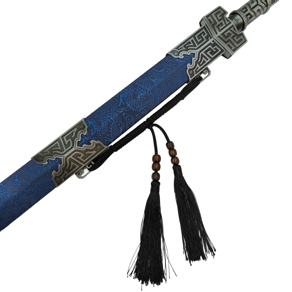 High Manganese Steel Hand Forged Han Sword Film Knife Cold Weapon Blue Scabbard Silvery Blade Print Pattern Exquisite Craftsmanship - Suitable for Collection, Decoration and Gift Giving(04775 慕骨汉剑送纸盒)US、CA
