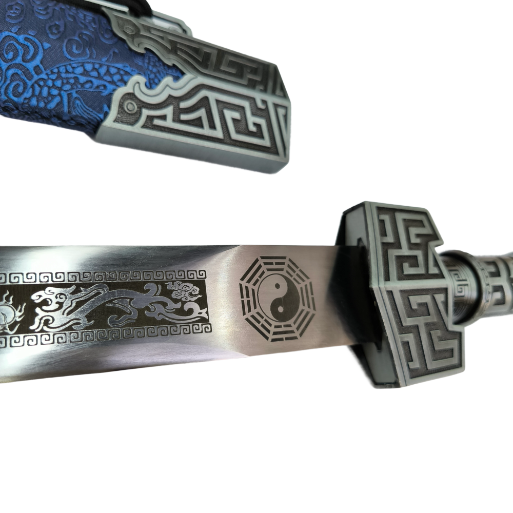 High Manganese Steel Hand Forged Han Sword Film Knife Cold Weapon Blue Scabbard Silvery Blade Print Pattern Exquisite Craftsmanship - Suitable for Collection, Decoration and Gift Giving(04775 慕骨汉剑送纸盒)US、CA