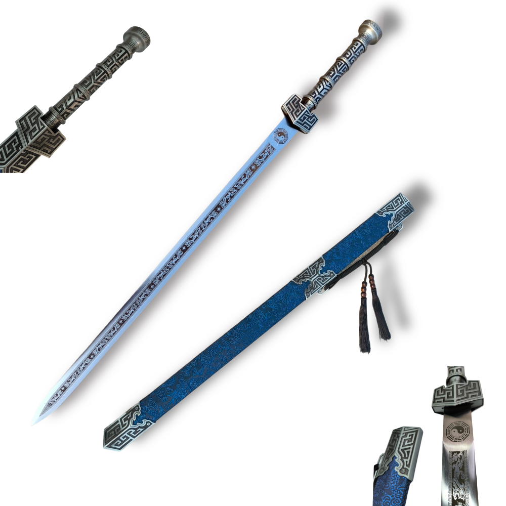 High Manganese Steel Hand Forged Han Sword Film Knife Cold Weapon Blue Scabbard Silvery Blade Print Pattern Exquisite Craftsmanship - Suitable for Collection, Decoration and Gift Giving(04775 慕骨汉剑送纸盒)US、CA