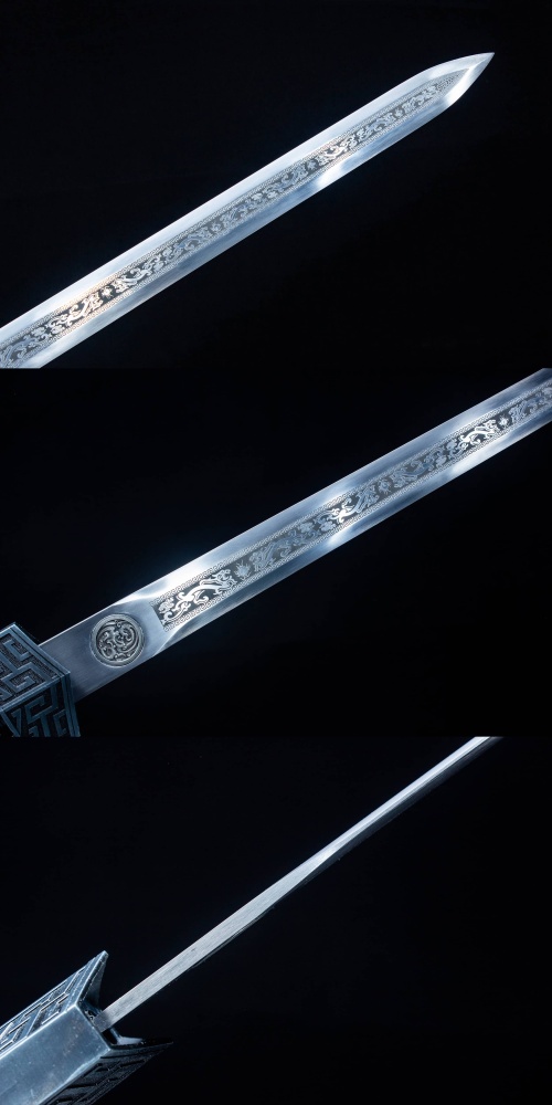 High Manganese Steel Hand Forged Han Sword Film Knife Cold Weapon Blue Scabbard Silvery Blade Print Pattern Exquisite Craftsmanship - Suitable for Collection, Decoration and Gift Giving(04775 慕骨汉剑送纸盒)US、CA