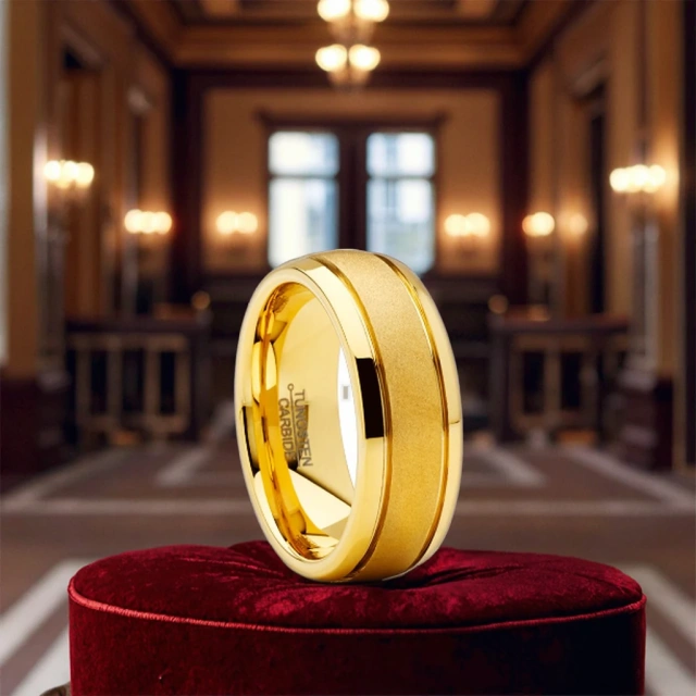 8mm Gold Plated Sandblasted Tungsten Ring for Men Women Trendy Engagement Wedding Band Domed Comfort Fit