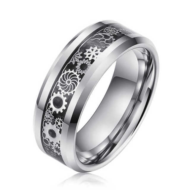 Wholesale 8mm Silver Tungsten Ring Steampunk Gear Wheel Carbon Fiber Inlay Beveled Edges Men Women Wedding Band Comfort Fit