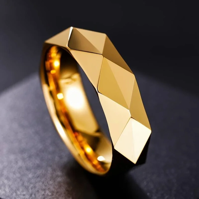 24K Gold Plated Tungsten Rings - 6mm Faceted Mens Band - Ouyuan
