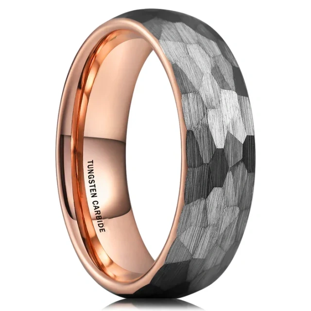 Men's & Women's Hammered Surface Engagement Bands 18K Rose Gold Plated Tungsten Wedding Ring Classic Style for Male Female Gift