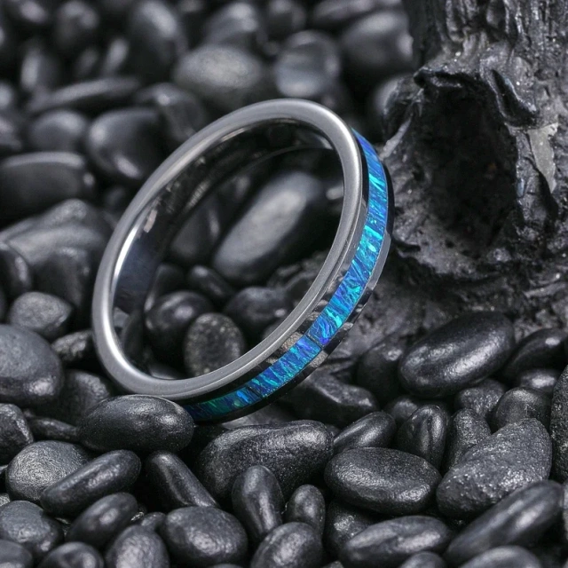 Personal Custom Hawaii Style Opal Inlay Tungsten Steel 4mm Silver Women Rings Tungsten Wedding Rings Rings Jewelry Womens