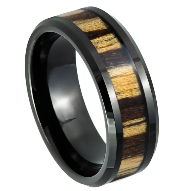 Tungsten Carbide Black Plated with Wood Inlay Wedding Band Ring for Men Nature Collection