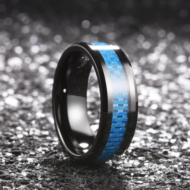 2025 Fashion Jewelry Custom 8mm Black Tungsten Ring Men Wedding Band Blue Carbon Fiber Inlay Beveled Comfort Fit
