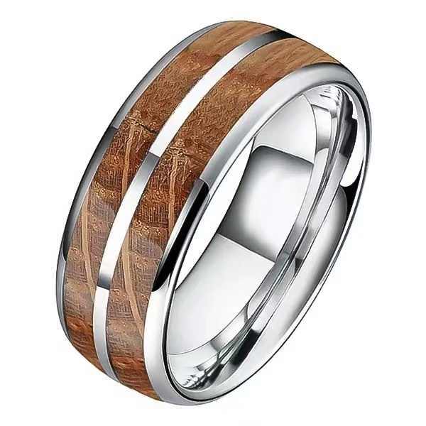 Jewelry 8mm Whisky Barrel Oak Wood Inlay Tungsten Carbide Ring for Men Women Fashion Engagement Wedding Band