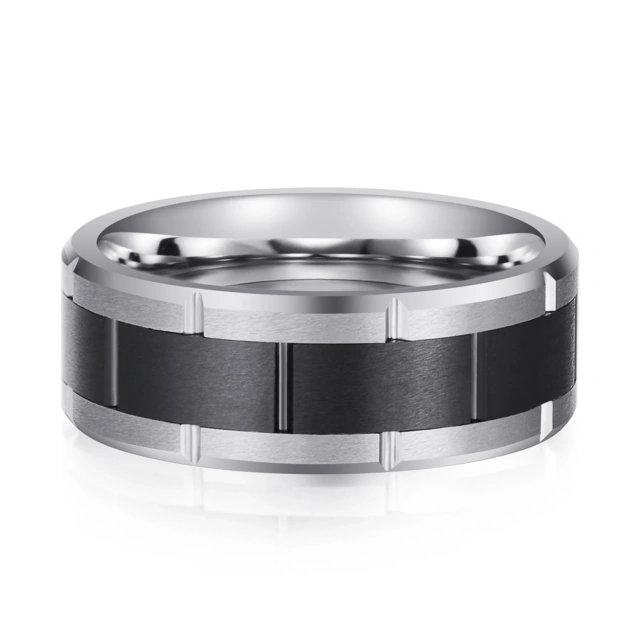 Ouyuan Custom 8mm Tungsten Ring for Men Beveled Edge Grooved Matt Brush Finish Silver Black Classic Style for Engagement Gift