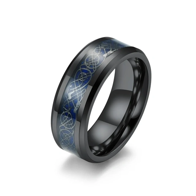 Manufacturer Jewelry 8mm Tungsten Ring Polished Black Ip Plating Carbon Fiber Inlay Beveled Edges for Men