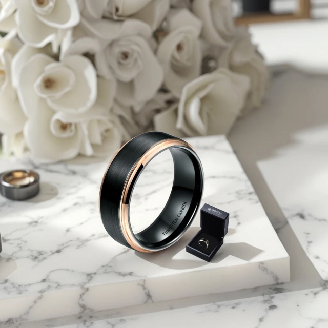 8MM New Mens IP Black Plated Tungsten Ring with Step Edge Center Brushed Man Boys Rings