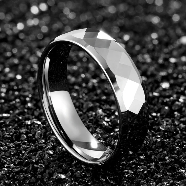 Faceted Pattern Hammered Tungsten Ring Silver Tungsten Ring Carbide Ring Tungsten Men