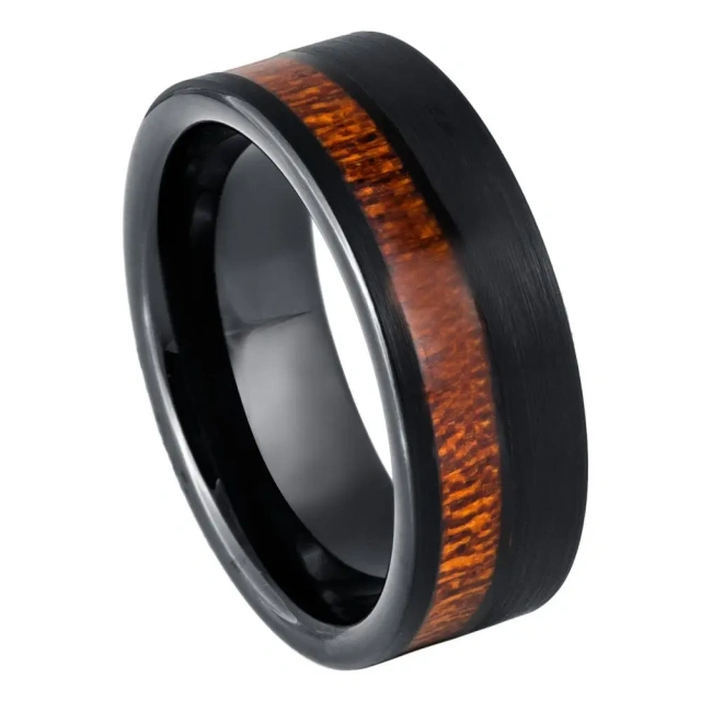 Tungsten Carbide Black Plated with Wood Inlay Wedding Band Ring for Men Nature Collection
