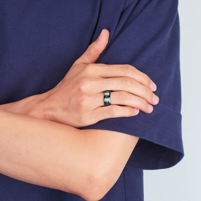 Fashion Jewelry Rings Custom 8mm Beveled Edge Green Opal Sticker Inlay Tungsten Ring for Men Women