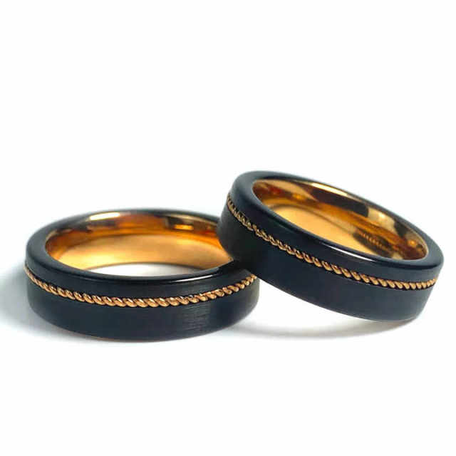 Luxury Mens Fashion 8mm Brushed Rose Gold Black Tungsten Carbide Ring With Guitar String Inlay