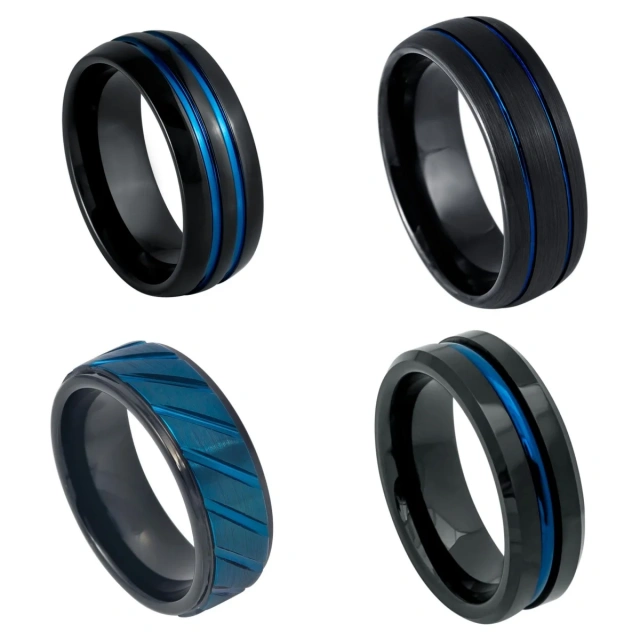 Ouyuan Jewelry Blue Men's Jewelry Factory Manufacture 8mm Thin Blue Centre Groove Comfort Fit Mens Tungsten Ring Wedding Band