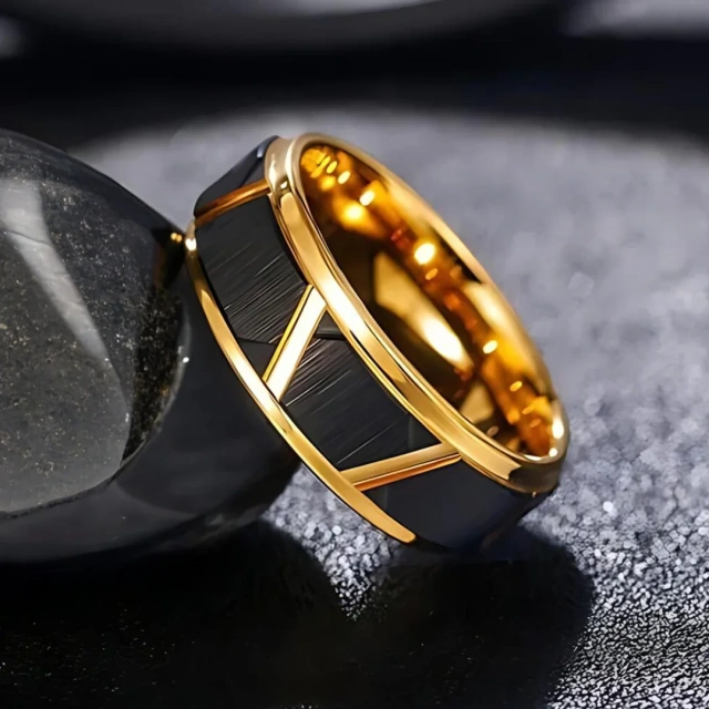Black and Gold Tungsten Rings 8mm - Grooved Band - Ouyuan Jewelry